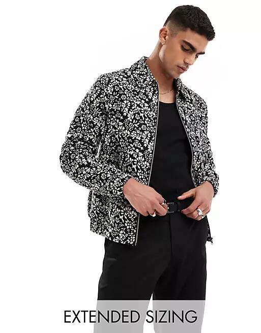 ASOS DESIGN harrington jacket with jacquard print in black and white Cover