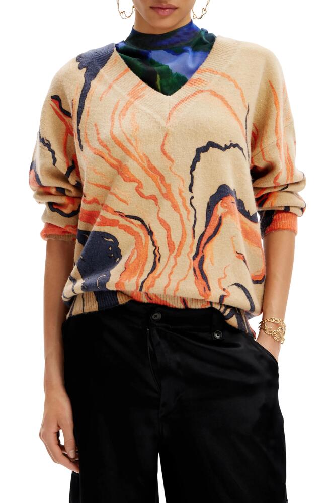 Desigual M. Christian Lacroix Liquid Print V-Neck Sweater in Beige Multi Cover