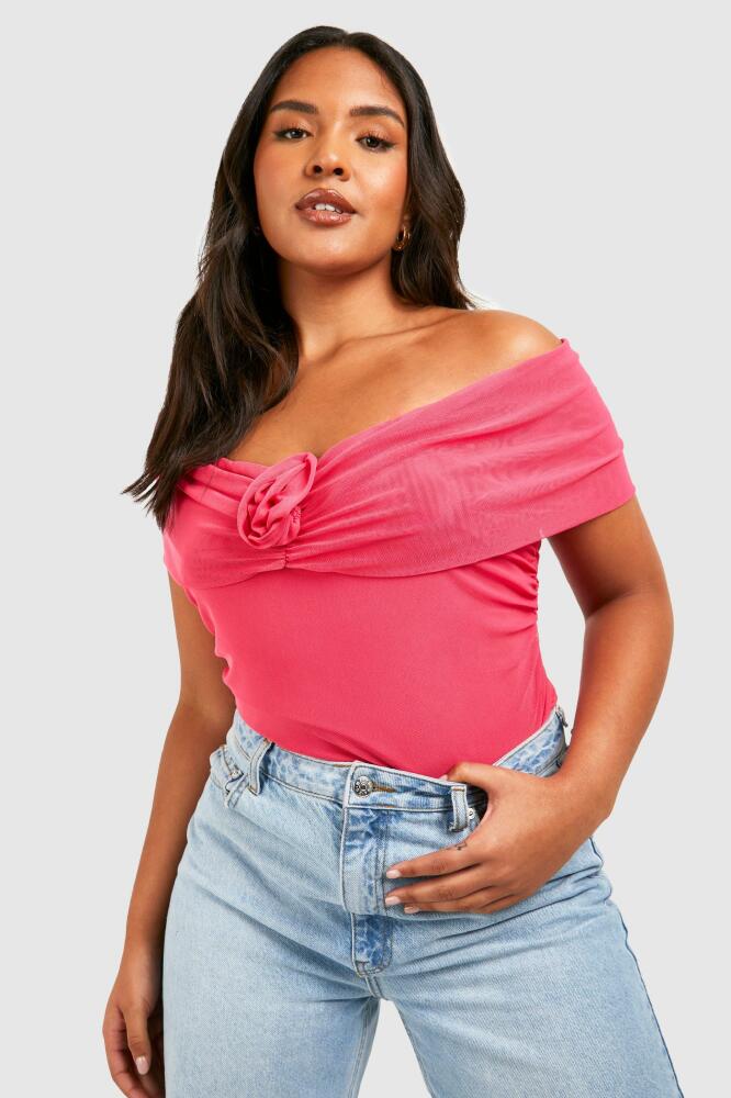 boohoo Womens Plus Rose Off The Shoulder Mesh One Piece - Pink Cover