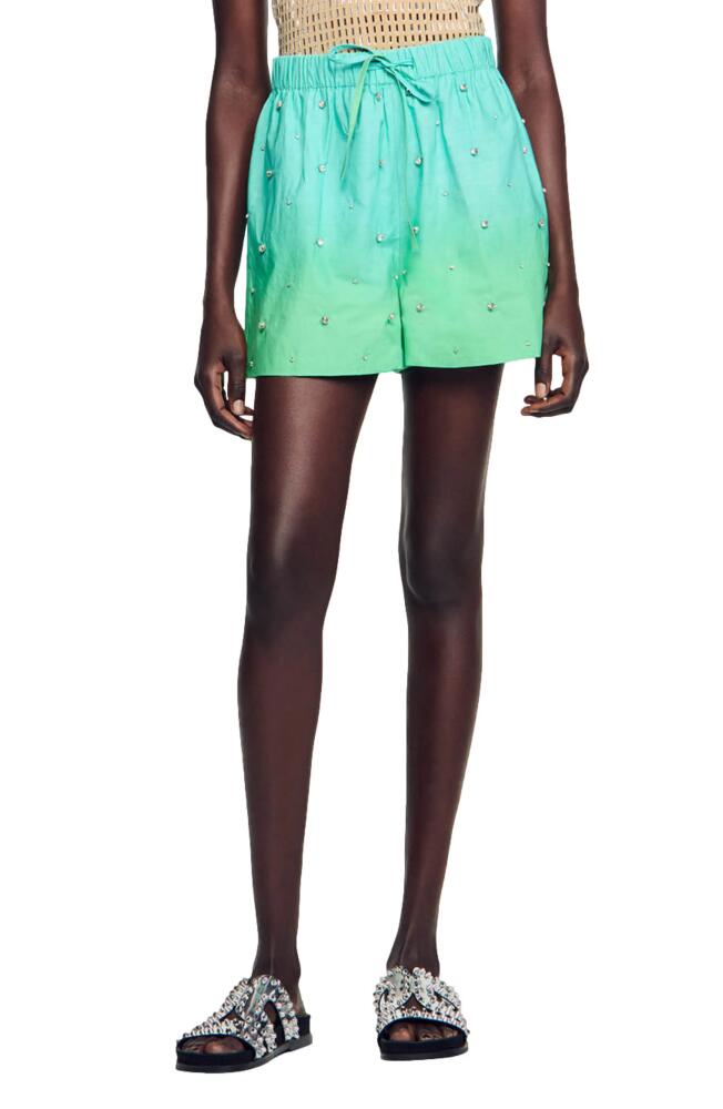 sandro Season Embellished Cotton Drawstring Shorts in Blue Green Cover