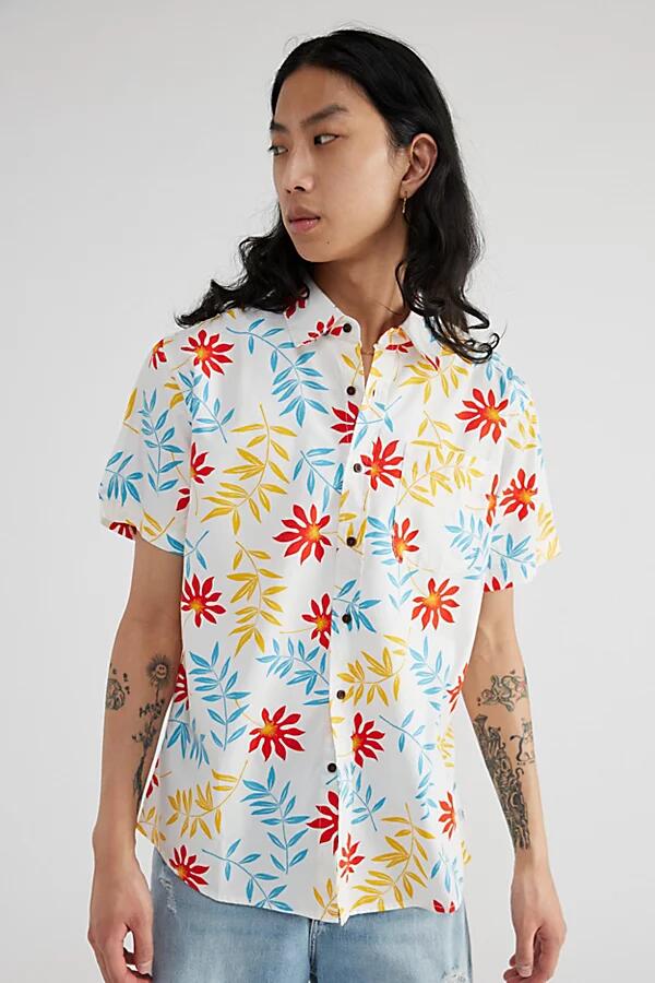 Katin UO Exclusive Rockaway Patterned Short Sleeve Shirt Top in Foam Blue/Red Gold Cover