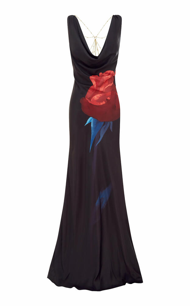 Leo Lin - Ariana Floral-Printed Open Back Satin Gown - Black Cover