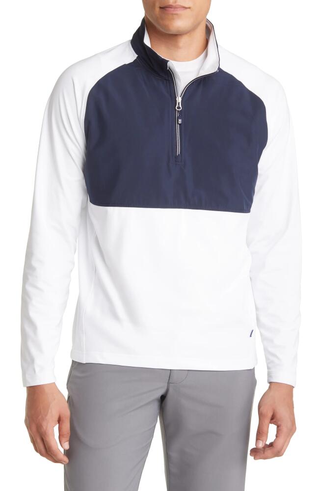 Cutter & Buck Men's Adapt Quarter Zip Wind Resistant Knit Pullover in White/Navy Blue Cover