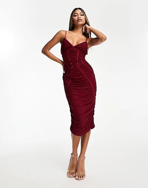 Jaded Rose contoured corset midi dress in burgundy-Purple Cover