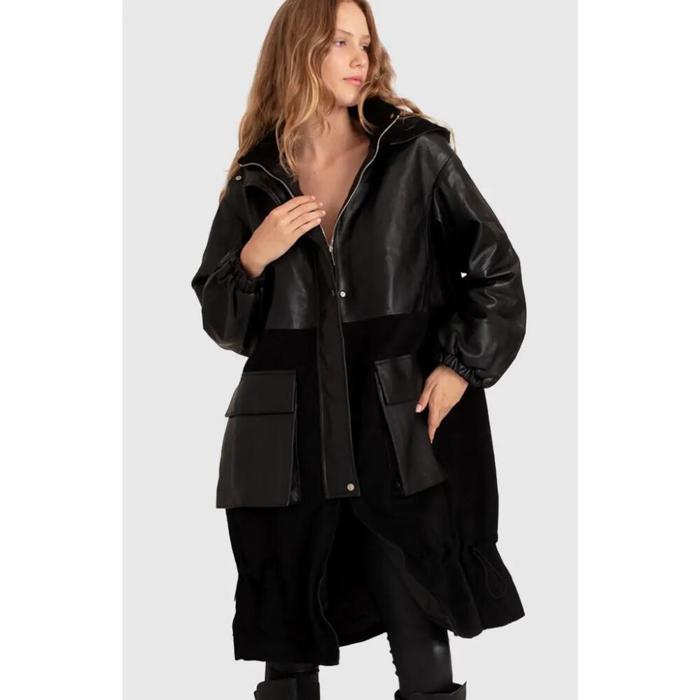 Belle & Bloom Back to Black Oversized Leather Panelled Coat Cover