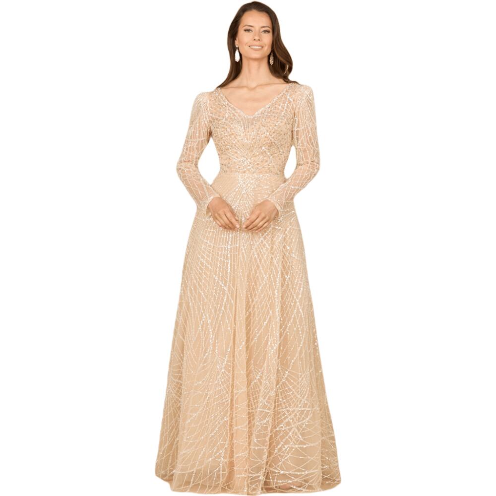 LARA New York Long Sleeve V-Neck Ballgown in Champagne Cover