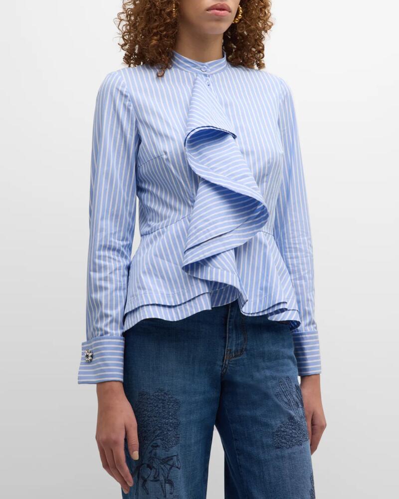 Maison Common Cotton Stripe Ruffled Shirt with Western Embroidered Back Cover