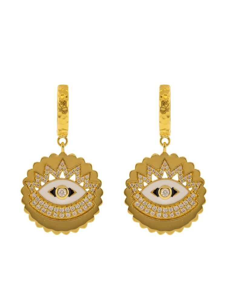 BUDDHA MAMA 20kt yellow gold scalloped evil eye enamel and diamond huggie earrings Cover