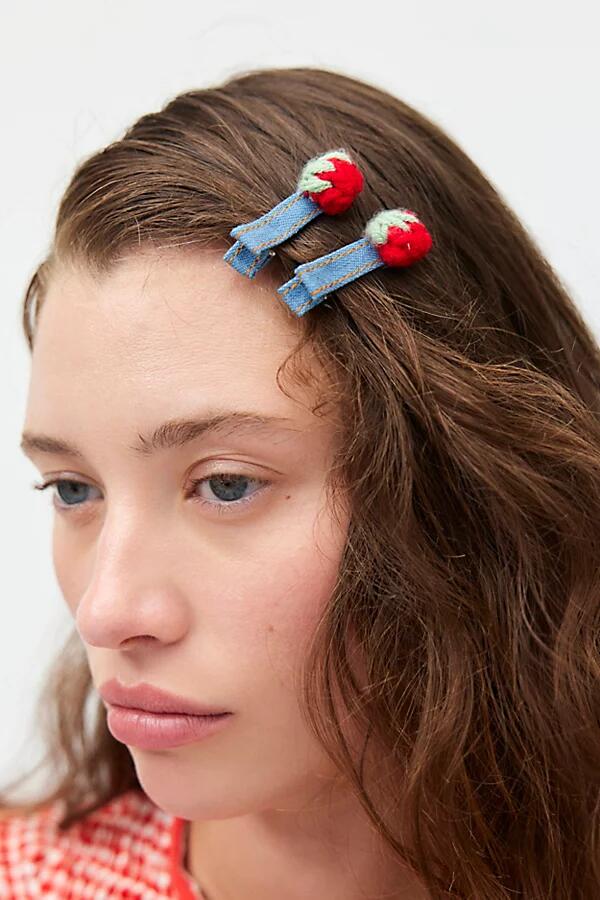 Denim Strawberry Hair Clip Set in Blue Cover