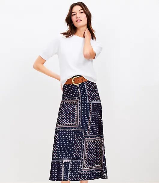 Loft Bandana Print Satin Bias Midi Skirt Cover