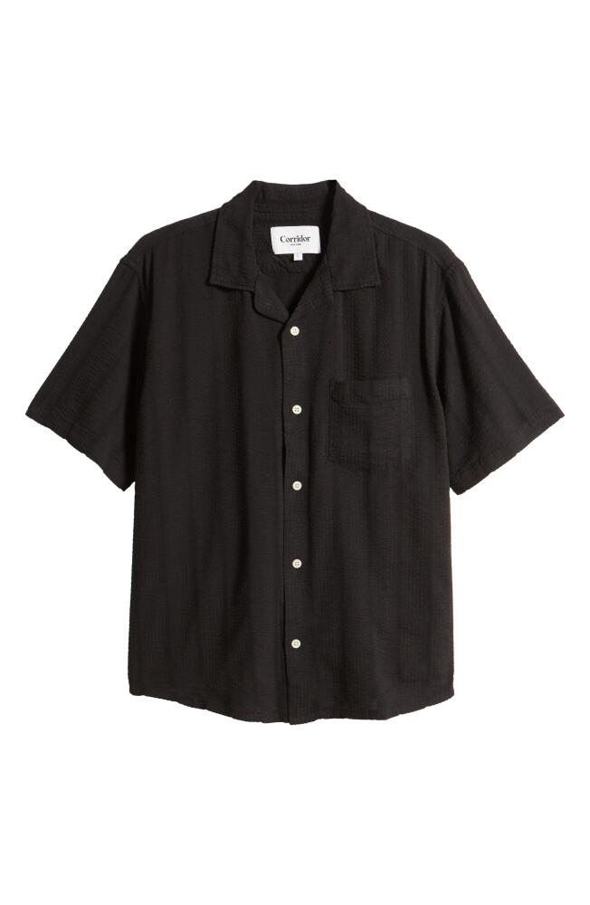 Corridor Striped Seersucker Short Sleeve Button-Up Camp Shirt in Black Cover