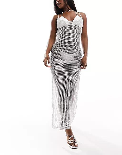 Simmi metallic crochet scoop back maxi beach dress in silver Cover