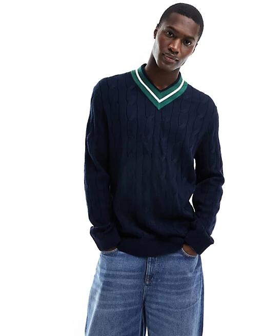 Tommy Jeans regular v-neck cable sweater in navy Cover