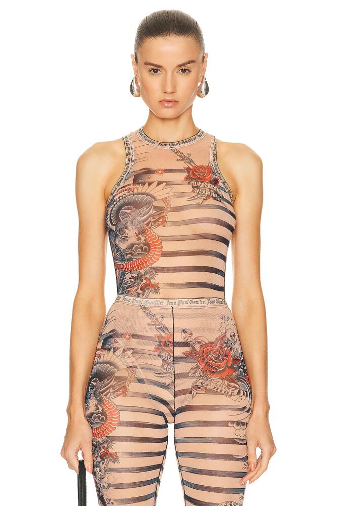 Jean Paul Gaultier Printed Mariniere Tattoo Sleeveless Bodysuit in Nude Cover