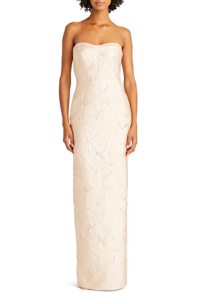 ML Monique Lhuillier Camellia Strapless Jacquard Column Gown in Champagne Blush Cover