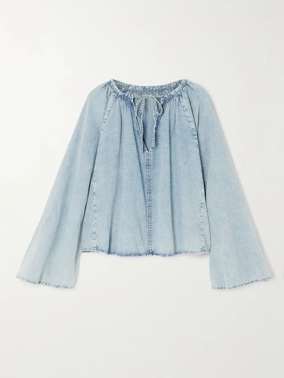 FRAME - Gathered Cotton And Linen-blend Chambray Blouse - Blue Cover