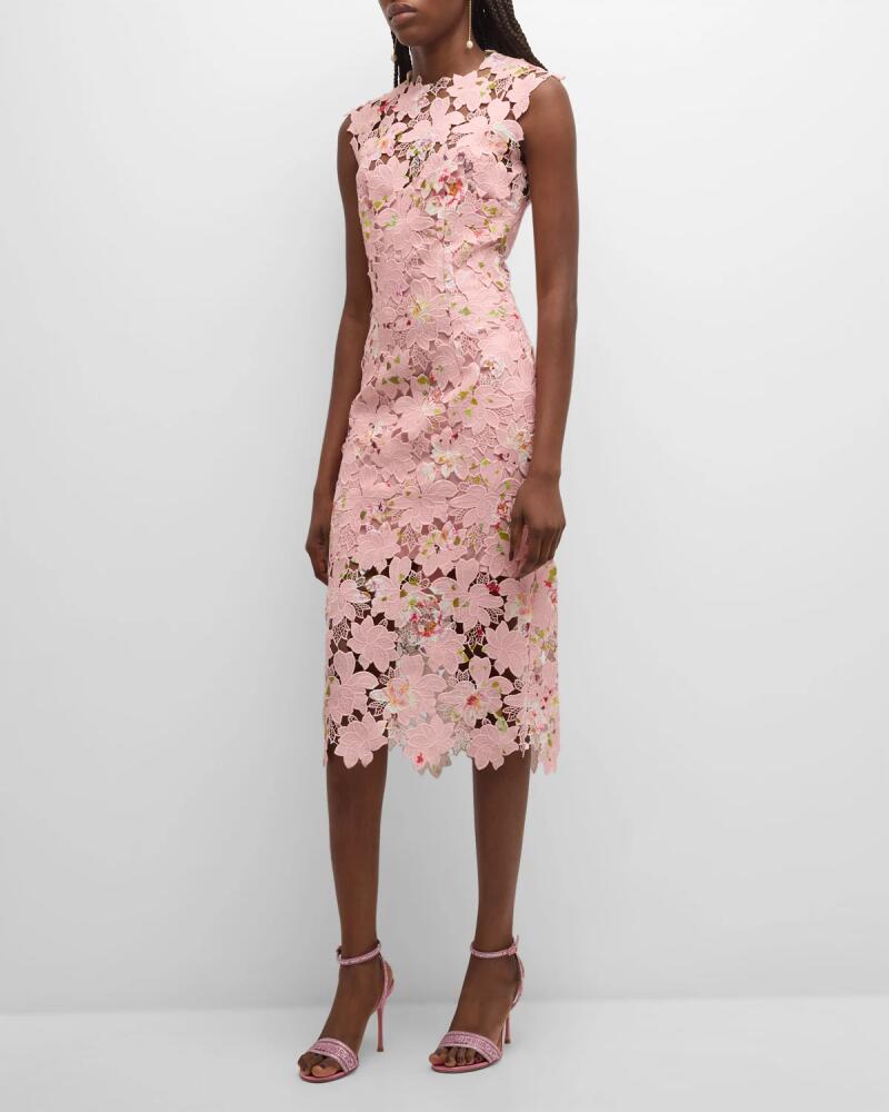 Monique Lhuillier Jewel-Neck Sleeveless Printed Lace Sheath Midi Dress Cover