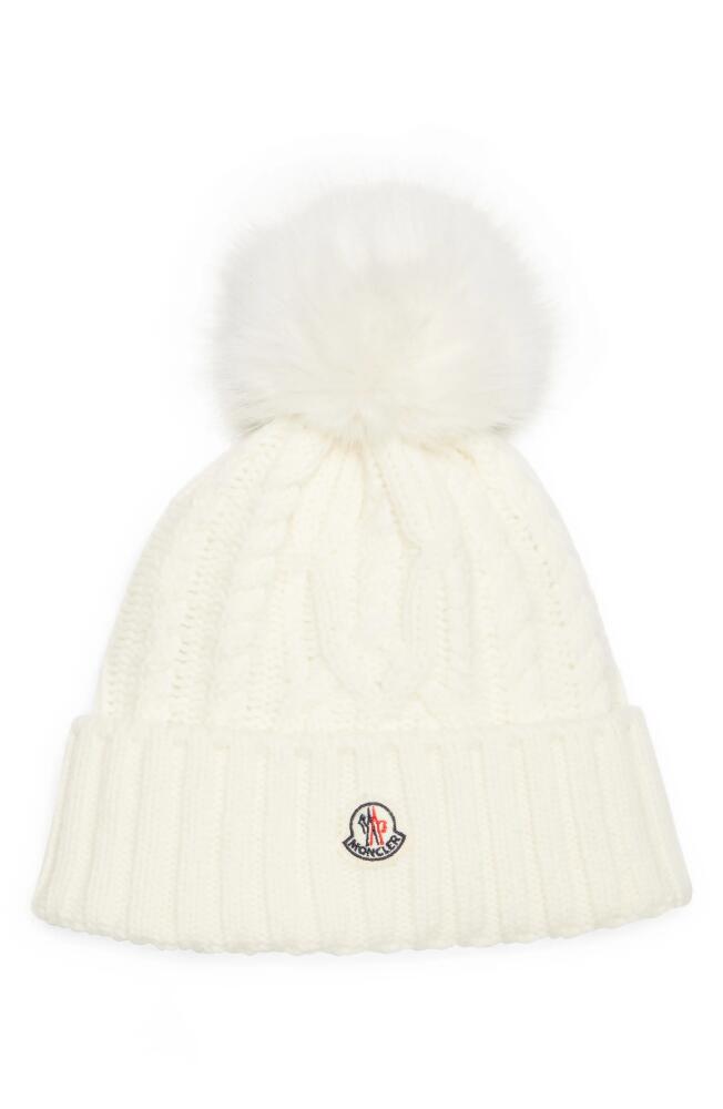 Moncler Virgin Wool & Cashmere Rib Beanie with Faux Fur Pompom in White Cover