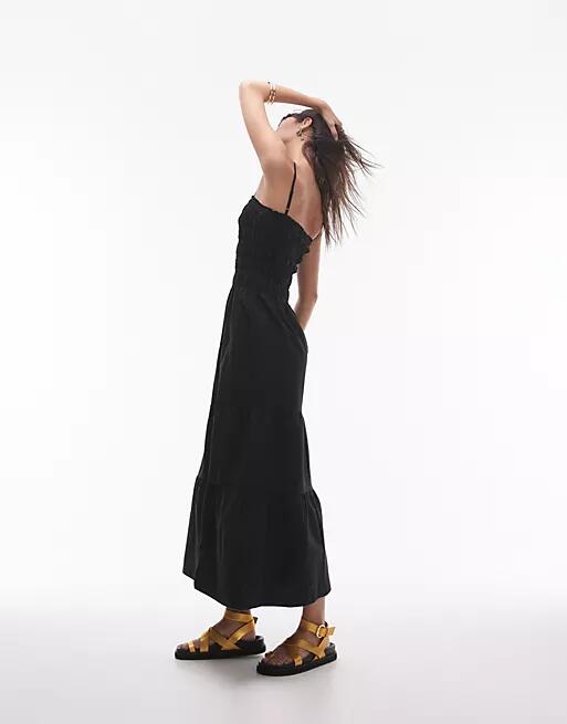 Topshop shirred midi dress in black Cover