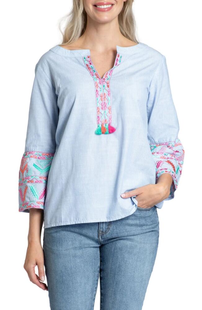 APNY Stripe Embroidered Cotton Popover Top in Blue Multi Cover