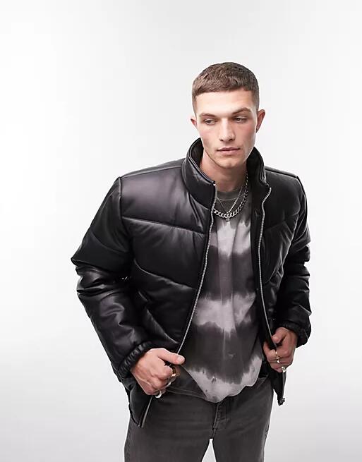 Topman leather puffer jacket in black Cover