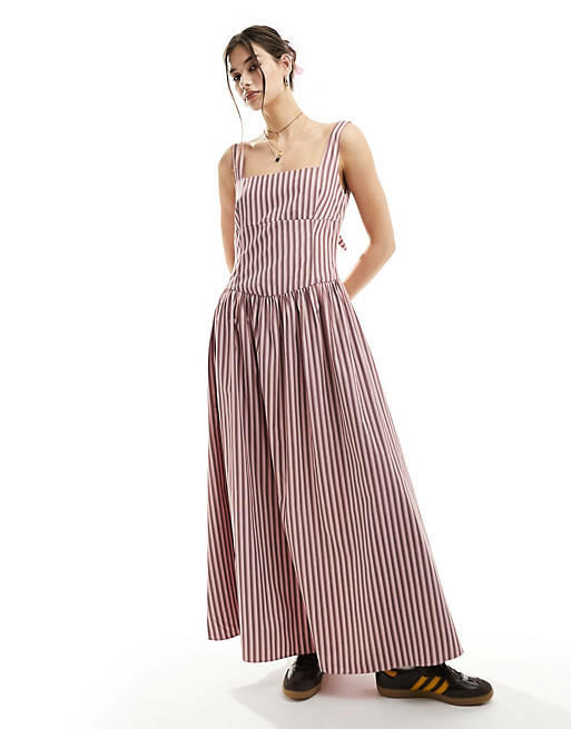 Glamorous drop waist square neck full skirt maxi dress in pink brown stripe Cover