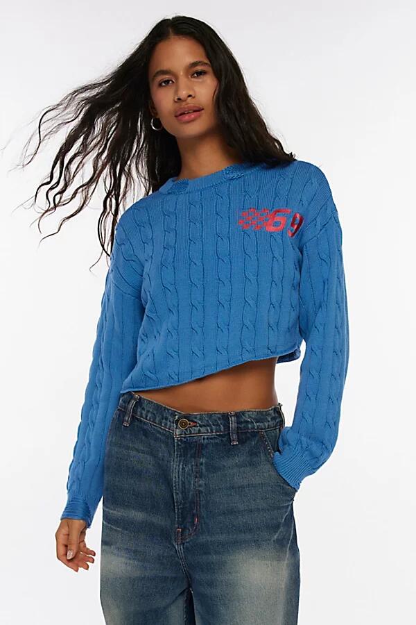 BDG Emmett Graphic Cable Knit Asymmetric Pullover Sweater in Blue Cover