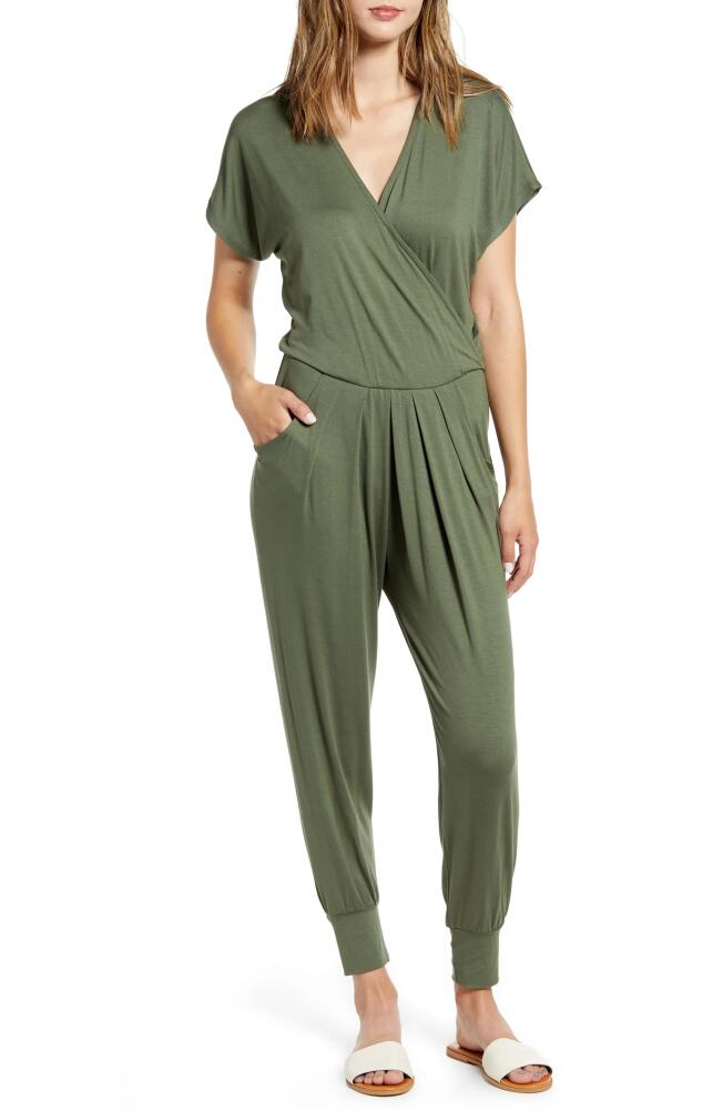 Loveappella Short Sleeve Wrap Top Jumpsuit in Olive Cover