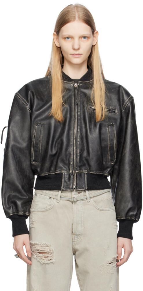 Acne Studios Black Distressed Leather Bomber Jacket Cover