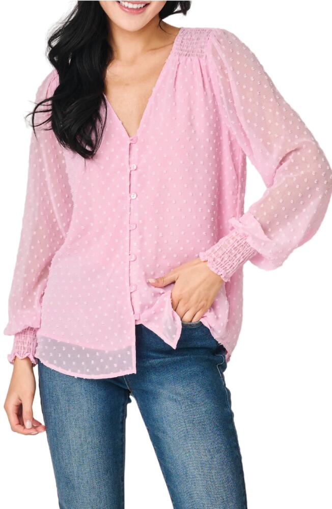 GIBSONLOOK Pin Dot Smocked Detail V-Neck Blouse in Pink Powder Cover