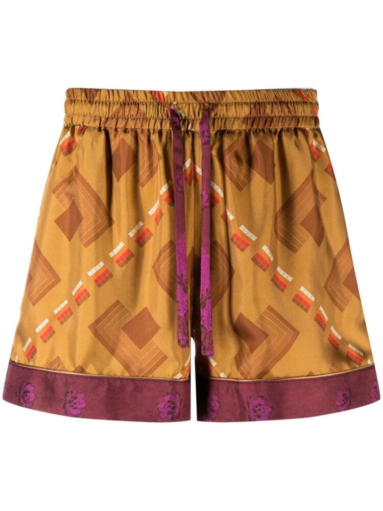 Pierre-Louis Mascia Aloe geometric-print silk shorts - Brown Cover