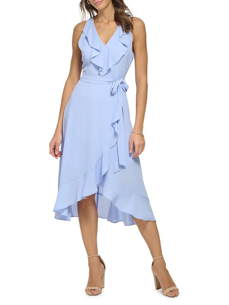 Kensie Women's Belted Ruffle Asymmetric Midi Dress - Perri Blue Cover