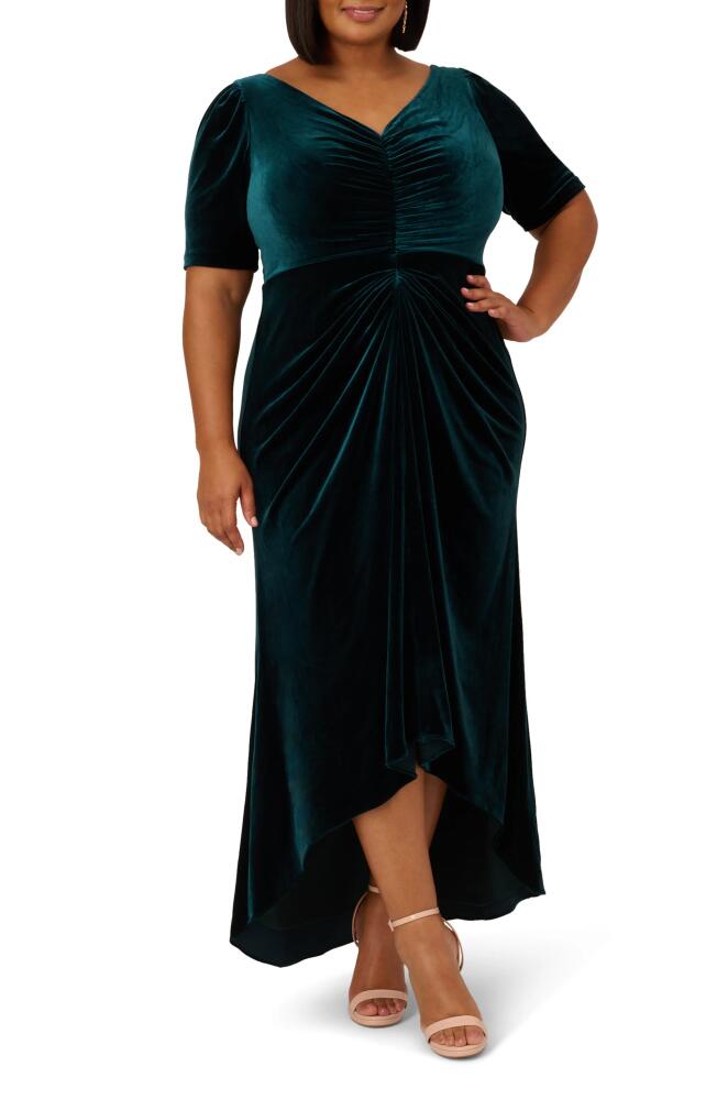 Adrianna Papell Ruched Velvet High-Low Gown in Emerald Cover