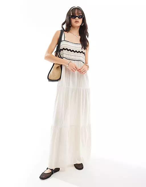 ONLY woven detail tiered maxi dress in beige & black-Neutral Cover