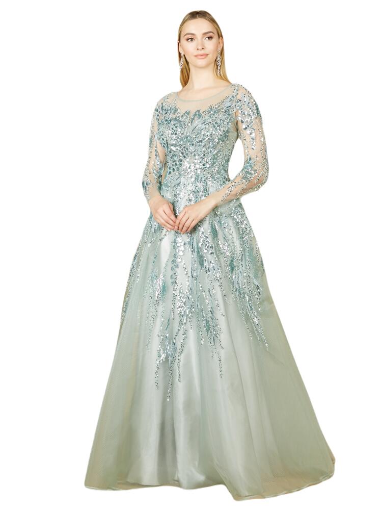 LARA New York High Neck Lace Gown with Sheer Sleeves in Seafoam Cover