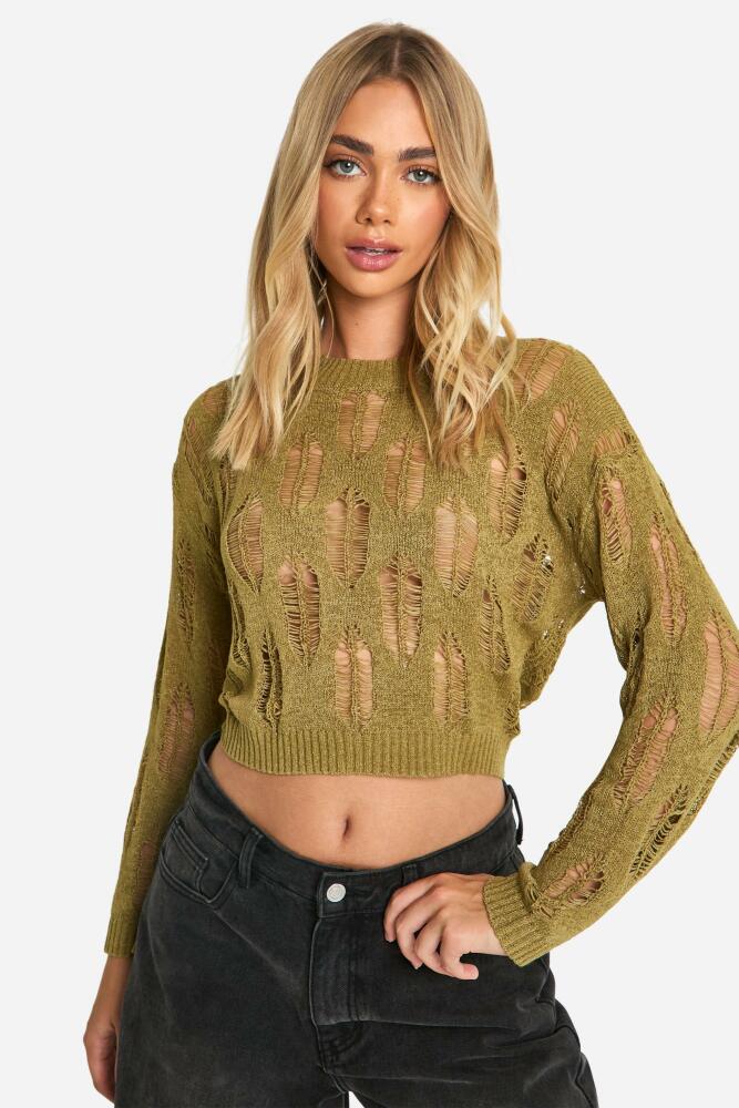 boohoo Womens Ladder Detail Sheer Sweater - Green Cover