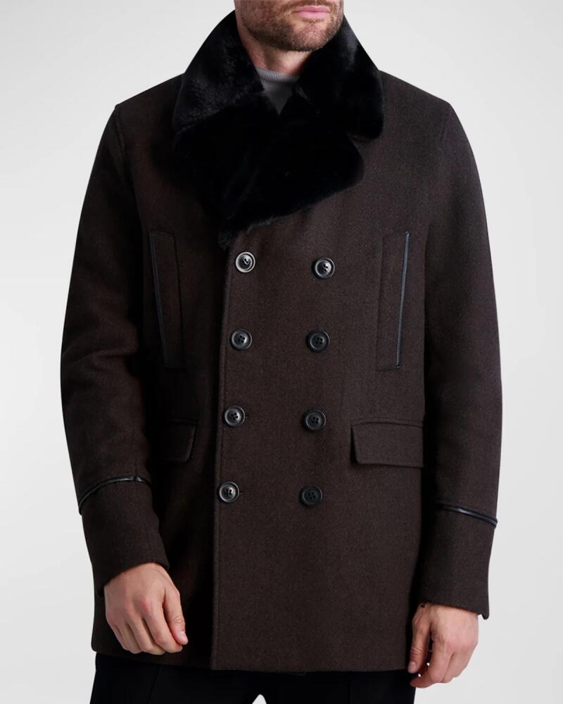 Karl Lagerfeld Paris Men's Wool Peacoat w/ Faux Fur Collar Cover