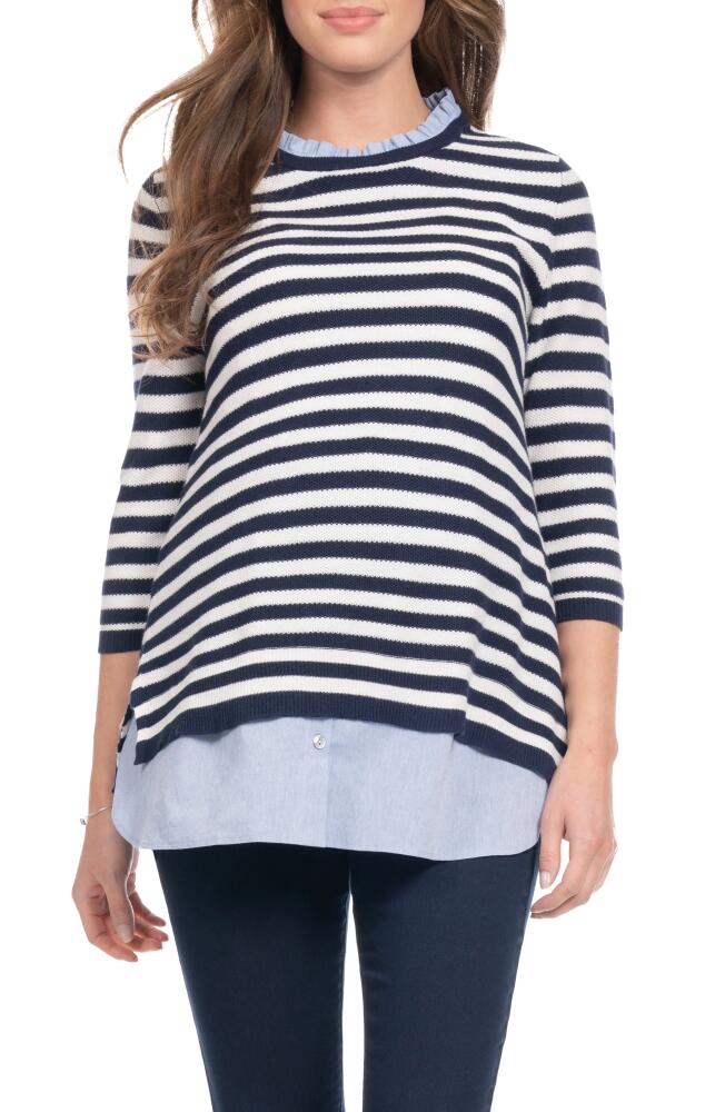 Seraphine Stripe Mixed Media Layered Maternity/Nursing Sweater in Ivory/navy Cover