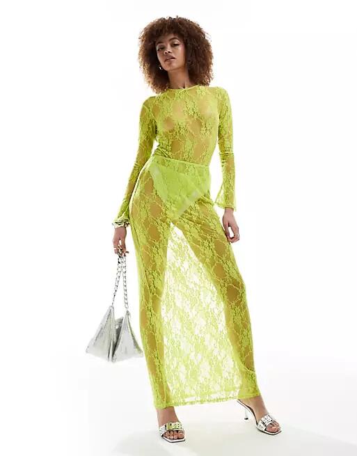 Annorlunda bow detail maxi skirt in lime green - part of a set Cover