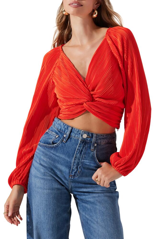 ASTR the Label Long Sleeve Twist Front Plissé Crop Top in Orange Cover