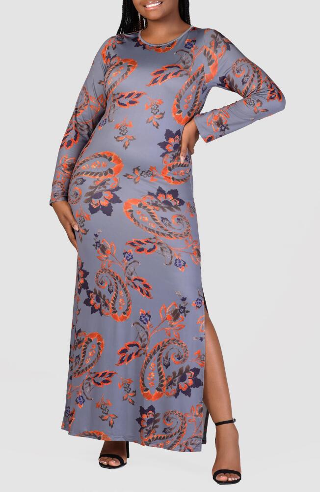 24seven Comfort Apparel Paisley Print Long Sleeve Maxi Dress in Orange Multi Cover