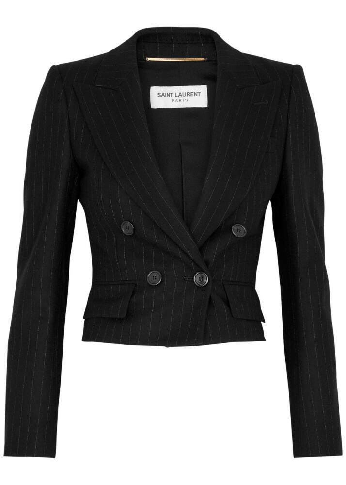 Saint Laurent Pinstriped Cropped Wool-blend Blazer - Black Cover