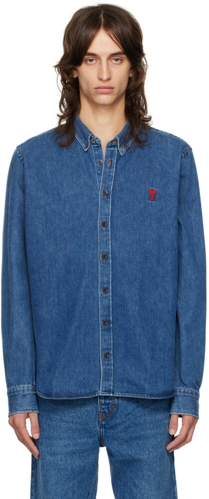 AMI Paris Blue Button-Down Ami De Cœur Denim Shirt Cover