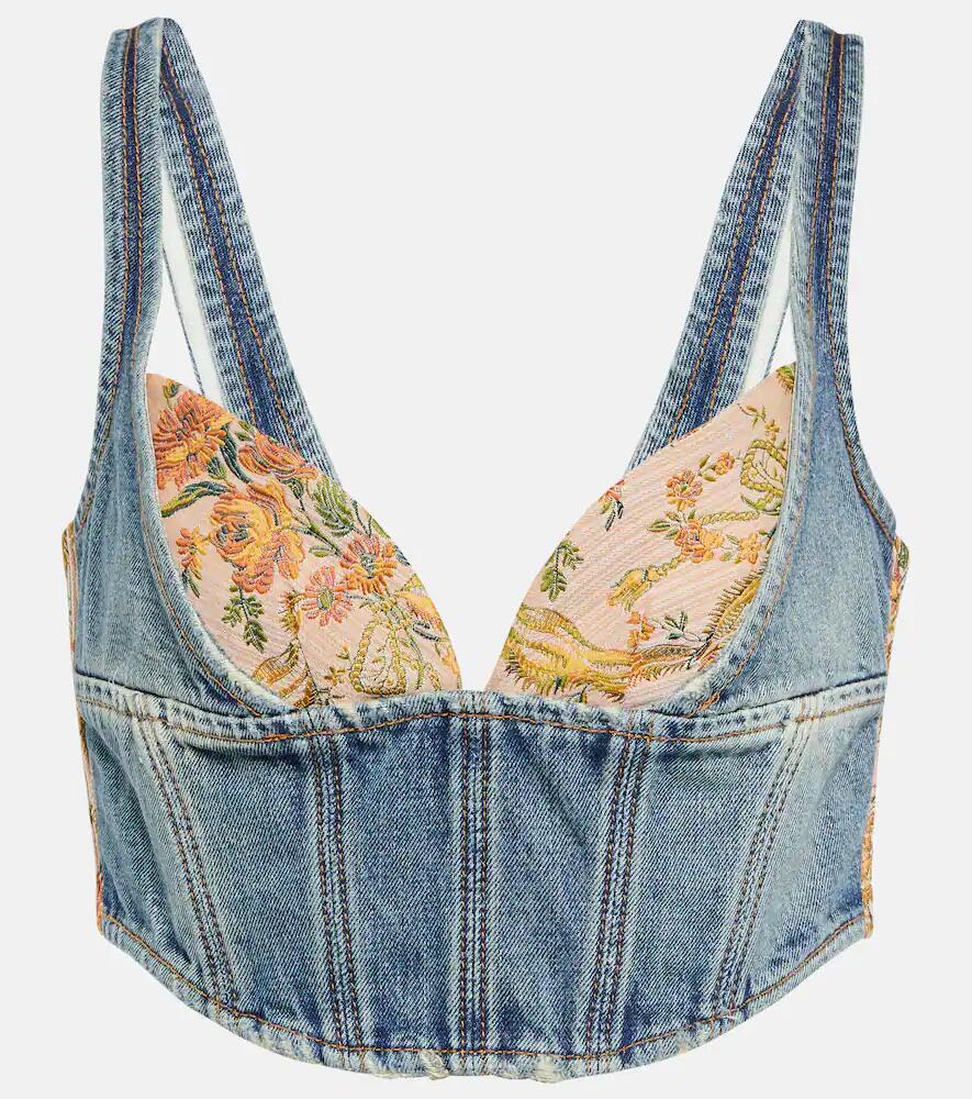 Alessandra Rich Floral cropped denim bustier top Cover