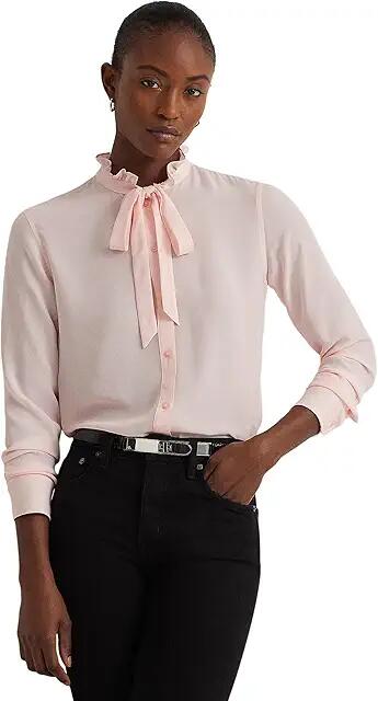 LAUREN Ralph Lauren Classic Fit Georgette Tie-Neck Shirt (Pink Opal) Women's Clothing Cover