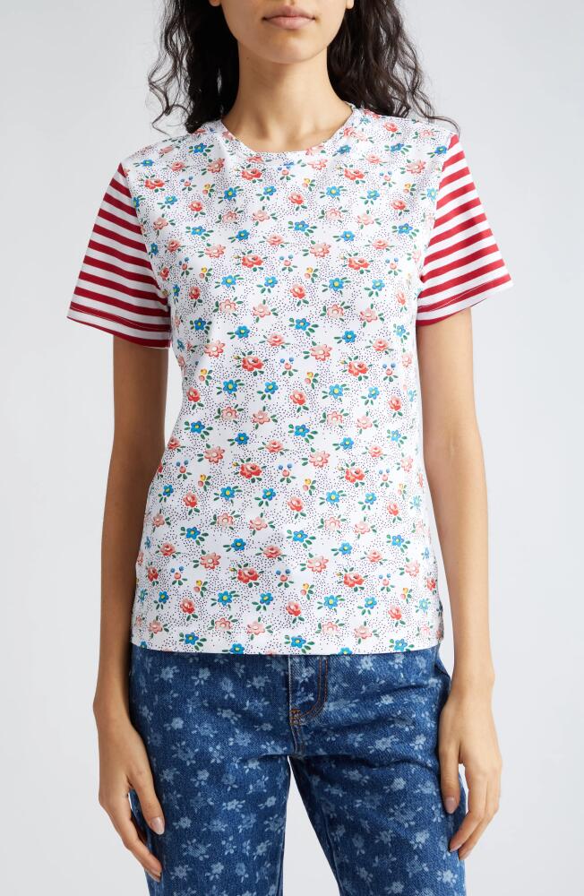 Molly Goddard Floral Stripe Fitted Cotton Jersey T-Shirt in White Floral Red Cream Cover