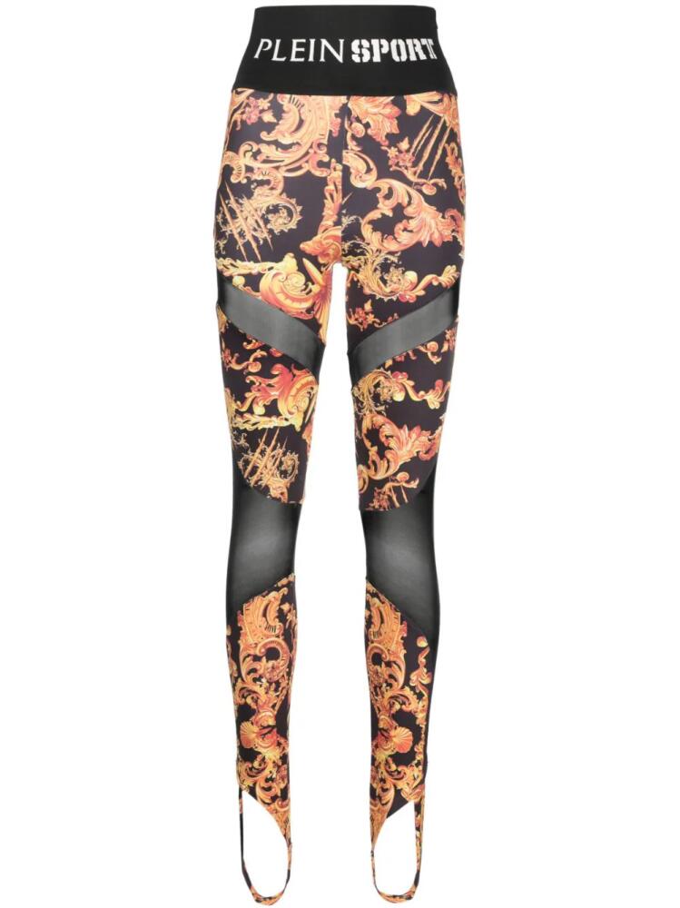 Plein Sport Baroque-print cotton leggings - Black Cover