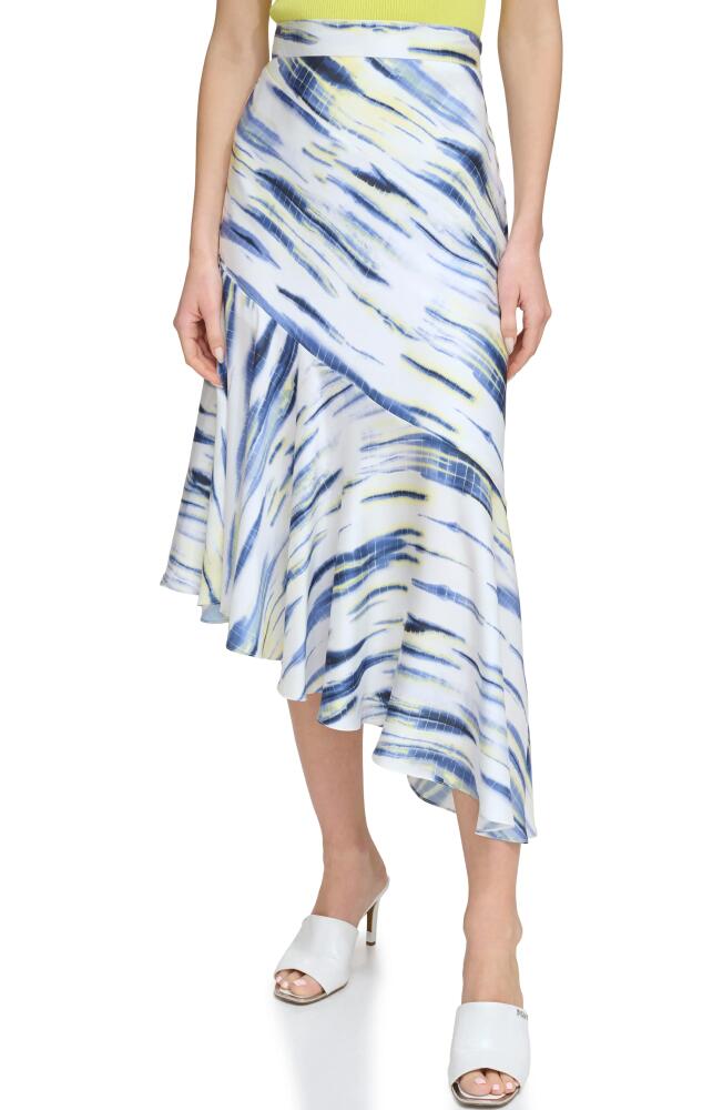 DKNY Printed Asymmetric Satin Midi Skirt in White/Inky Blue Multi Cover