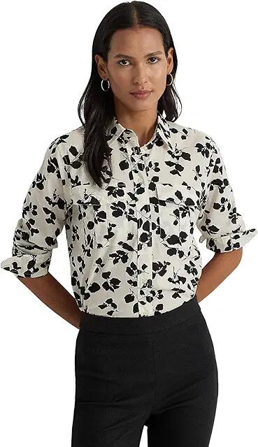 LAUREN Ralph Lauren Petite Classic Fit Leaf-Print Voile Shirt (Cream/Black) Women's Clothing Cover