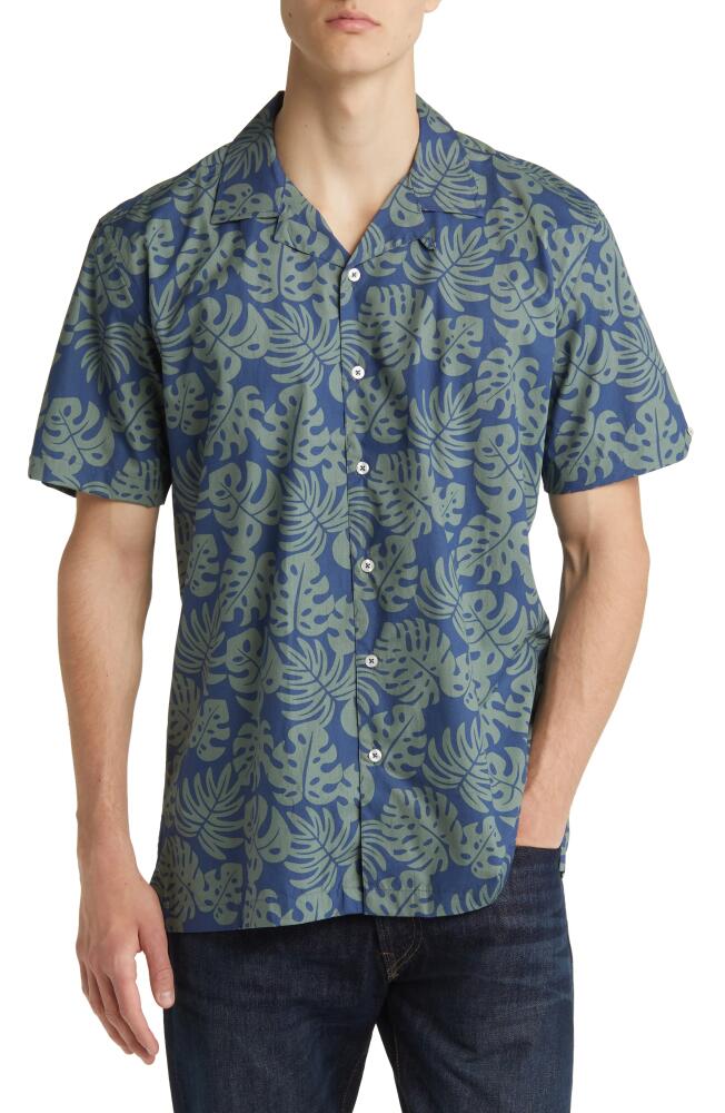 NORTH SAILS Leaf Print Short Sleeve Cotton Button-Up Shirt in Blue/Green Cover